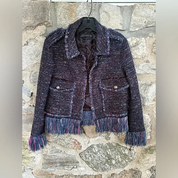 Zara Tweed Fringe Hem Blazer - Picture 4 of 17